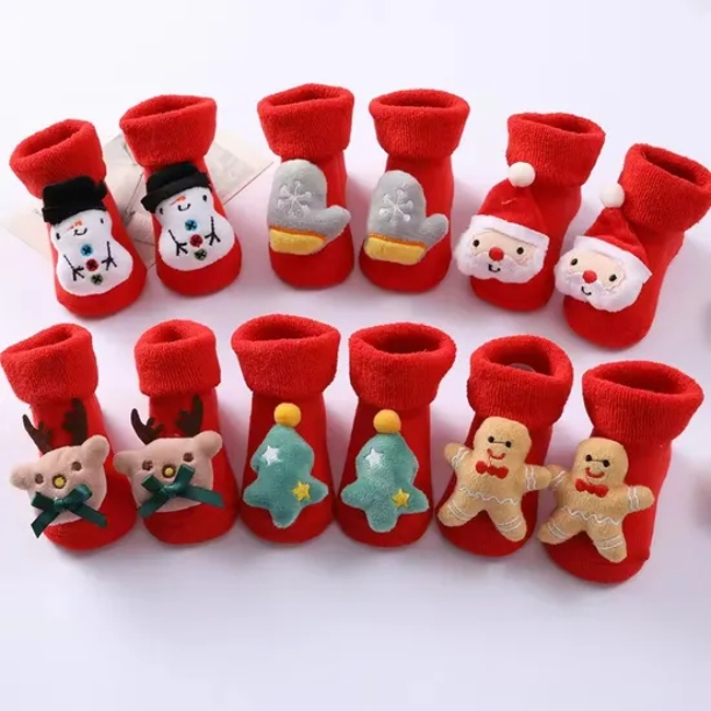 D Cartoon Christmas Thick Red Infant Winter Anti Slip Baby Socks