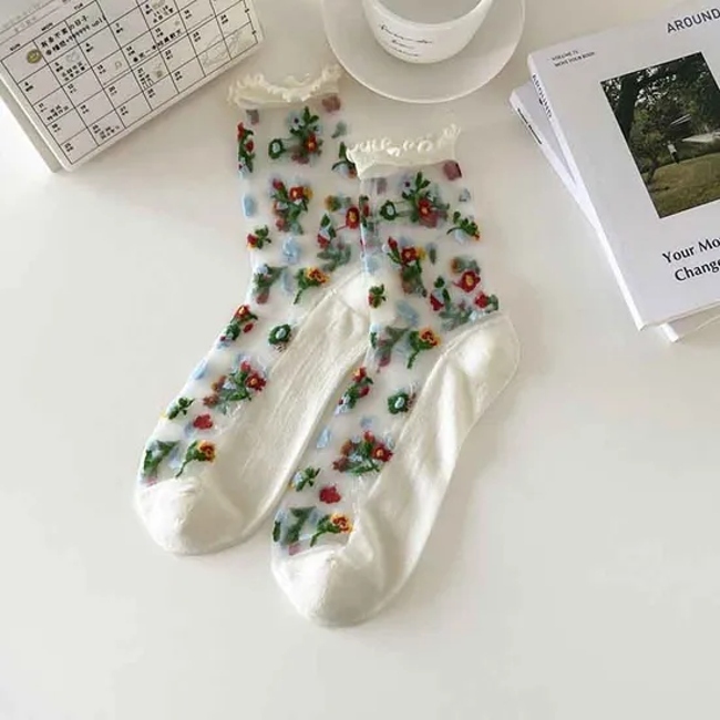 Transparent MID-Calf Socks, Women′s Crystal Socks, Ultra-Thin, Popular Women′s Socks for Spring and Summer, Korean-Style Flower Glass Fiber Cotton Socks