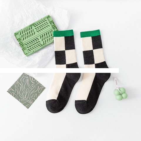 Hot Sell Fashion Ins Style Green Lattice Socks Women s Socks Crew Sports Socks For Wholesale