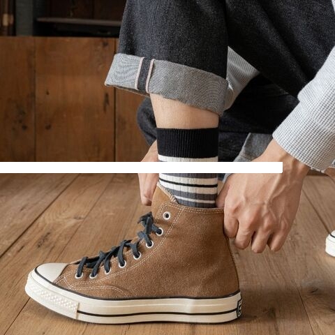 Men s plush cotton socks, double needle striped color blocking casual sports mid length socks
