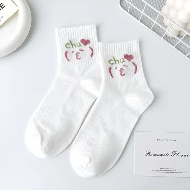 White Socks Women MID Ins Small Emoji Graffiti High Value Japanese Short Socks Students Cartoon Sports Socks
