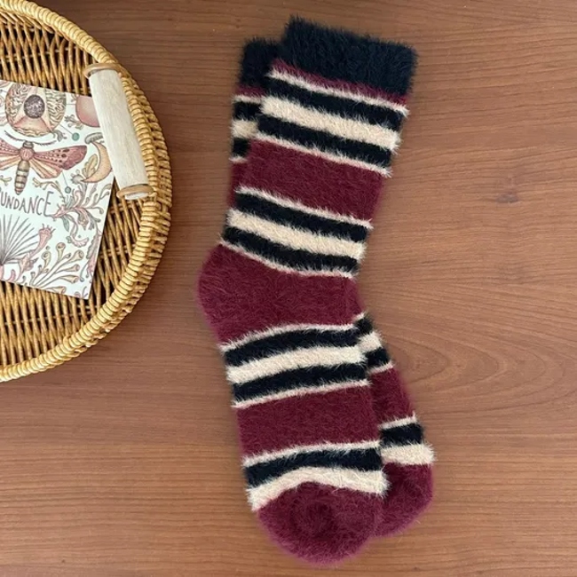 Autumn and Winter Soft Plush Socks Mink Vintage Color Blocking Stripe Couple MID-Calf Socks Thickened Niche Padded Socks