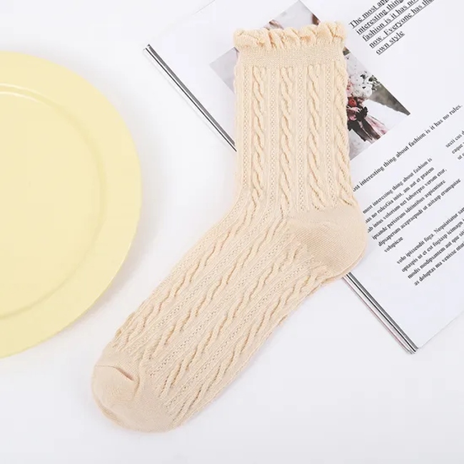 Socks Women′s Solid Color Bubble Mouth Twisted Dark Flower Socks Student Japanese Sweet Stacked Socks MID-Calf Socks