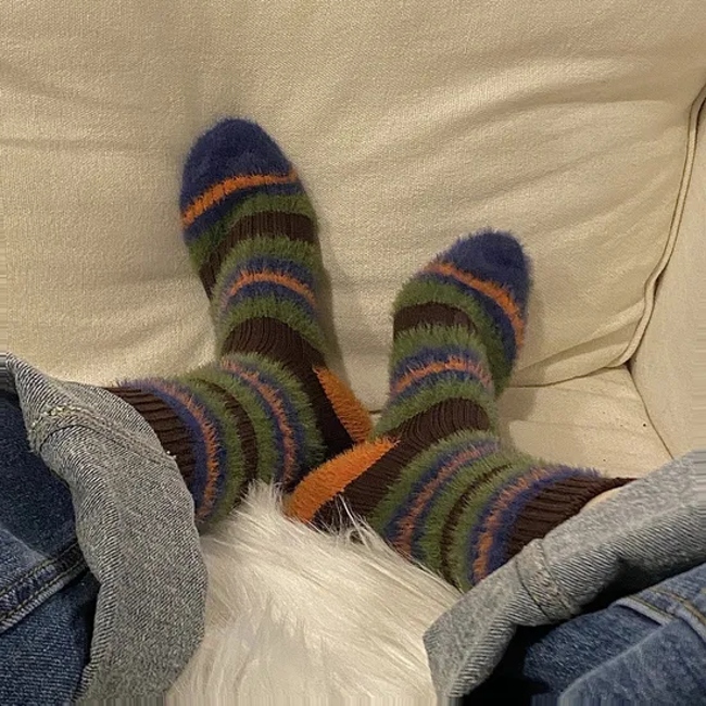 Couple Thick Line Pattern MID-Calf Socks Color Blocking Imitation Mink Autumn and Winter Warm Furry Thickened Long Socks