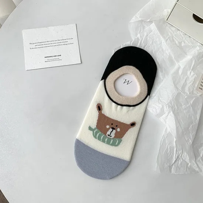 Socks Women Summer New Cool Cotton Black Cat Small Fresh Cartoon Bear Non-Slip Bottom Rubber Boat Socks Invisible Female Socks