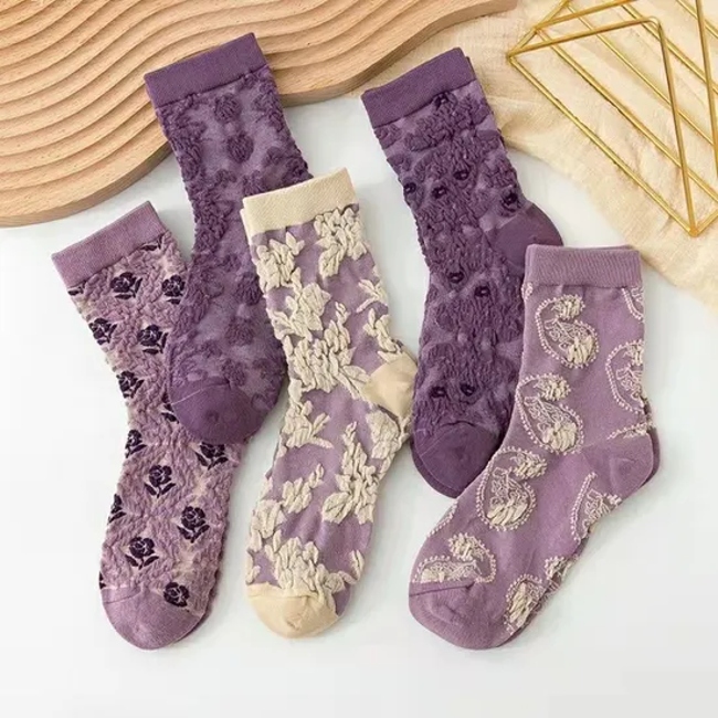 Four Seasons Japanese Retro Purple Flower Stereo Embossed Trendy Versatile Personalized Flower Pattern MID-Calf Socks