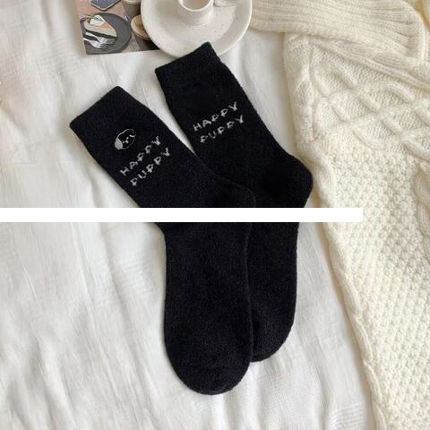 Autumn Winter Women s Mid Calf Socks Comfortable Warm Velvet Crew Length Thickened Cute Dog Print Soft Delicate Velvet