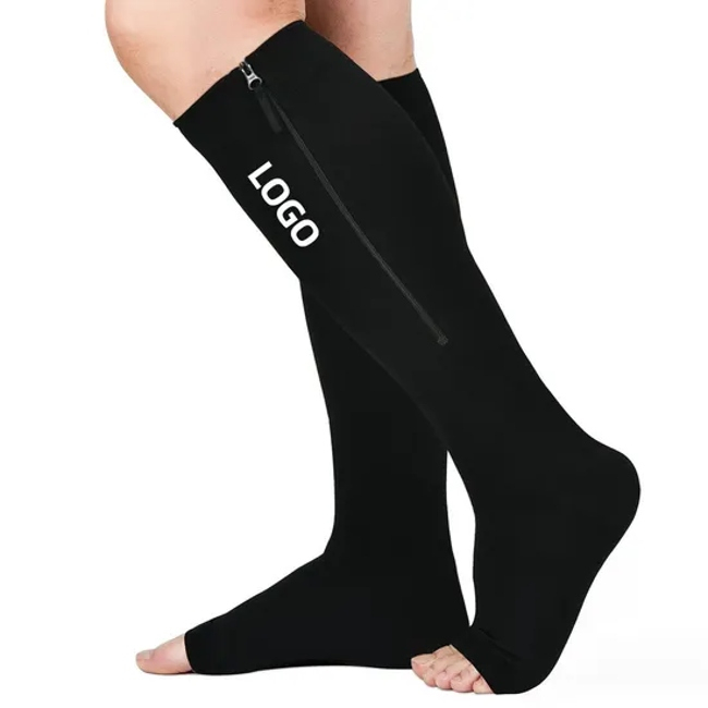 Wholesale Custom Logo Low Cut 20-30 Mmhg Open Toe Brown Zip Men Compression Sport Recovery Socks with Zipper