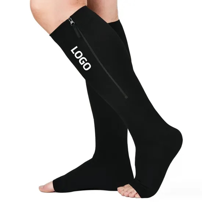 Wholesale Custom Logo Low Cut 20-30 Mmhg Open Toe Brown Zip Men Compression Sport Recovery Socks with Zipper