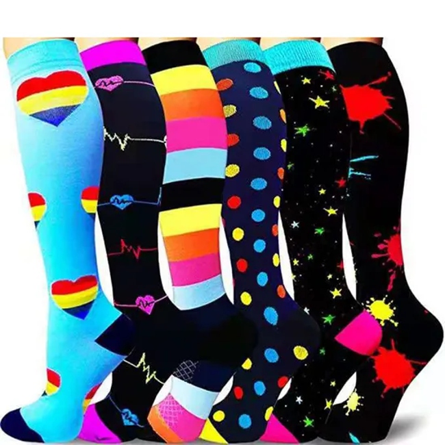 6 Pairs Pack Multi Prints Sports Compression Nylon Socks for Men and Women Circulation