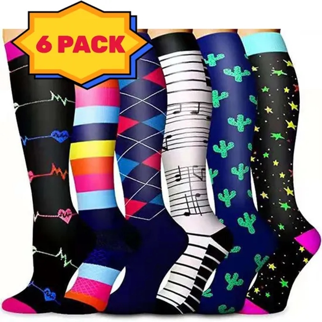 6 Pairs Pack Multi Prints Sports Compression Nylon Socks for Men and Women Circulation