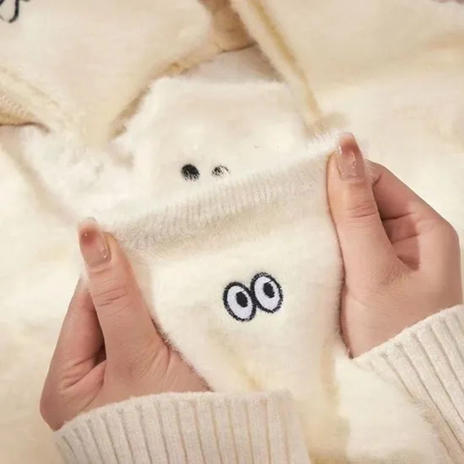 White Embroidered Socks Mink MID-Calf Winter Thickened Warm Student Stockings