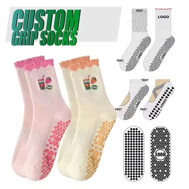 Custom Logo Grip Trampoline Socks Pilates Non Slip Yoga Curl Socks Compression Tube Crew Ruffle Socks