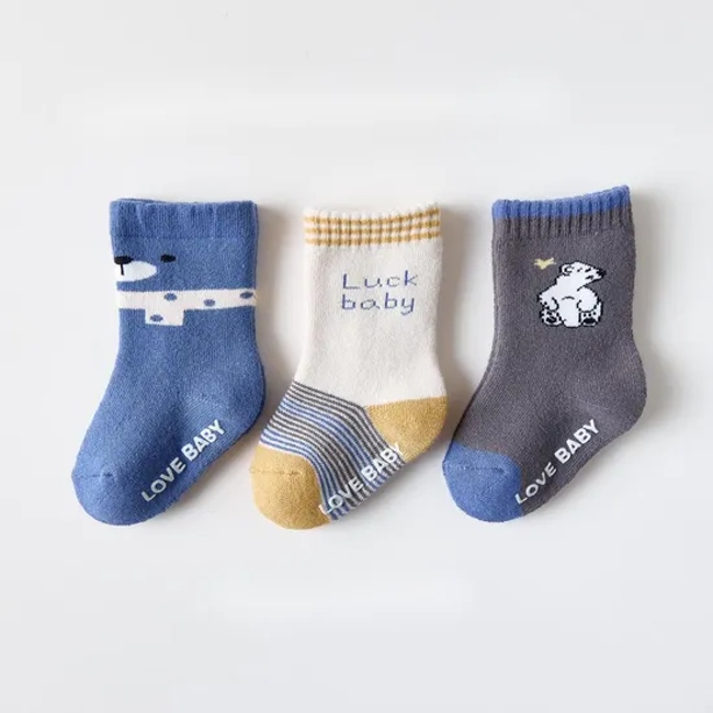 Customized Wholeseller Infant Kids Baby Autumn Winter Cotton Towelling Terry Anti Slip Jacquard Branded Crew Stocking Socks