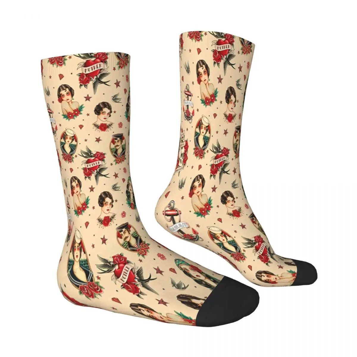 custom printing Old School Tattoo Beige Socks Male women Autumn Stockings 