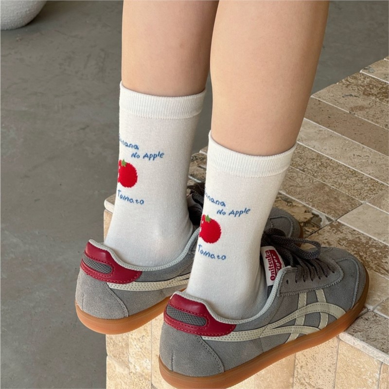High Demand women s Autumn Winter Socks Mid Tube Tomato College Wind Thin Fashionable Socks Cartoon Solid Color Simple Funny 