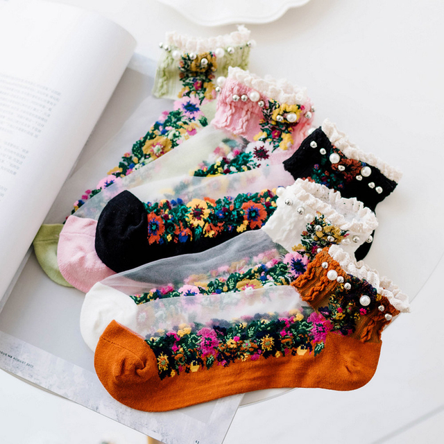 Bargain Embroidery Flowers Socks Transparent Lace Mesh Pearl Beads Glass Socks Net Yarn Thin women Gauze 