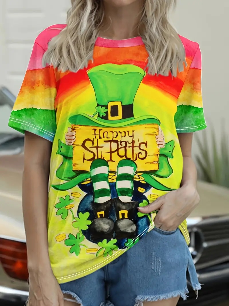 professional products St Patrick s Day Clover Graphic Print T Shirt For women Short Sleeve Crew Neck Casual Tee Shirt Top women 