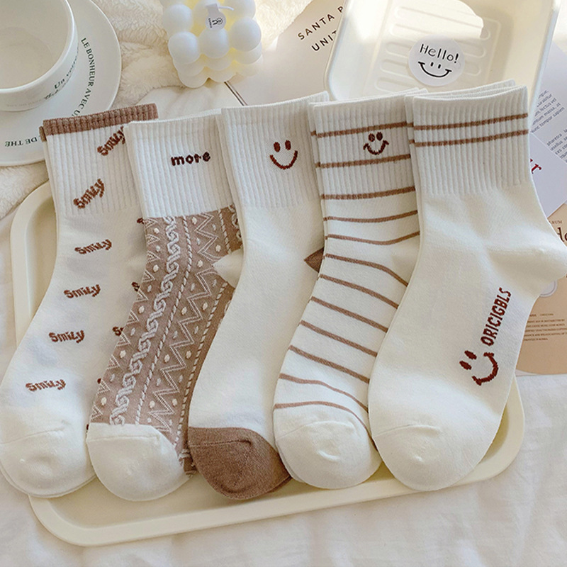 tailored services Of Spring And Autumn Socks Set women s Medium Tube Socks Casual And Cute Smiling Pure Cotton 