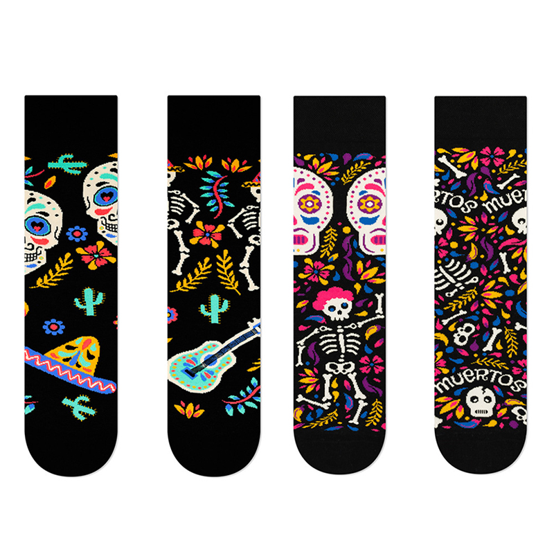 Private Label Pack Halloween Skeleton Sugar Skull Irregular AB Crew Socks Day of the Dead Retro Cotton Unisex Socks women 