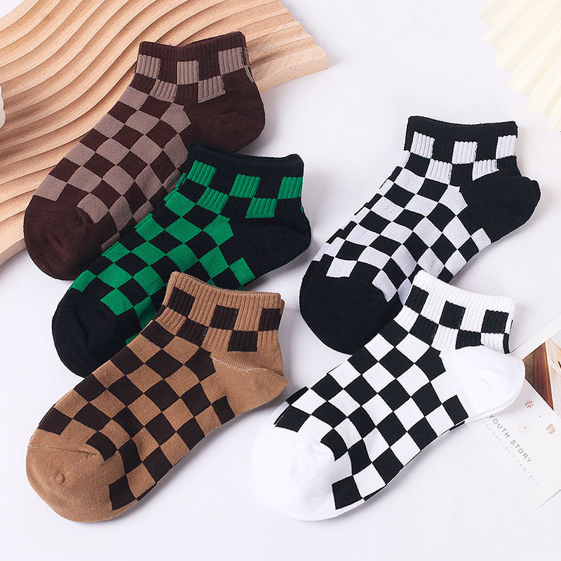 Hot Product Funky Harajuku women Checkerboard Socks Geometric Checkered Low Tube Short Hip Hop Cotton Streetwear Crew Ankle 