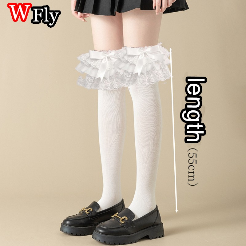 Custom Color Harajuku women Girls Sweet over Knee High Socks Bowknot Ruffled Frilly Lace Trim Student Boots cotton 