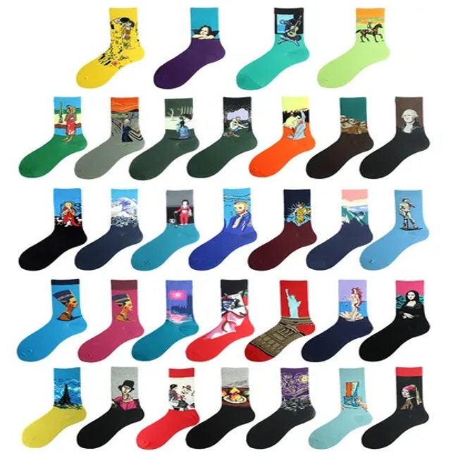 Customized Fashion Men′s Good Quality Cotton Painting Jacuqrad Formal Crew Socks