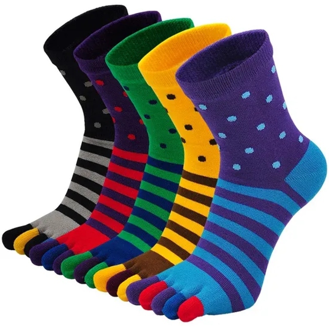 Custom Men′s Polka DOT Stripe 100% Cotton Five Finger Crew Toe Socks