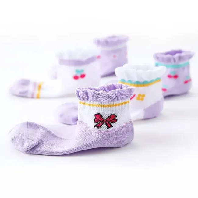 Baby Princess Ankle Socks Kids Little Girls Cotton Purple Cherry Bowknot Knitted Crew Baby Socks