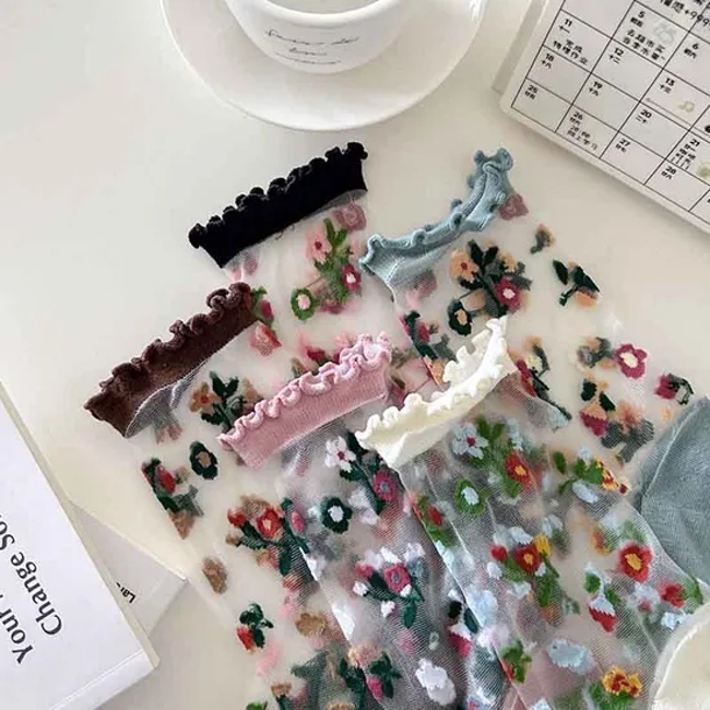 Transparent MID-Calf Socks, Women′s Crystal Socks, Ultra-Thin, Popular Women′s Socks for Spring and Summer, Korean-Style Flower Glass Fiber Cotton Socks