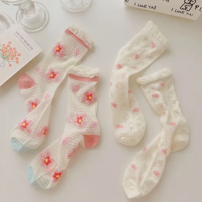Women Flower Preppy Style Trendy Popular Dress Cute Mesh Crew Socks