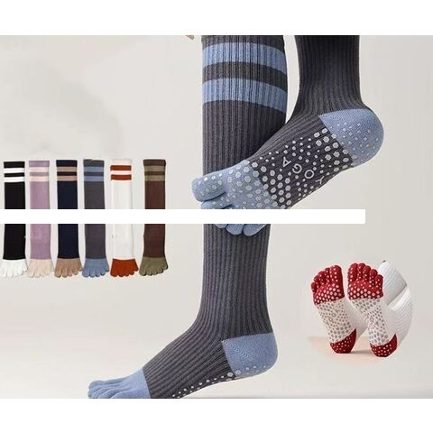 Factory stock midtube yoga socks non slip breathable high quality cotton black purple five finger socks Pilates women