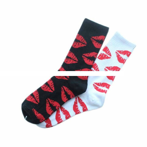 Fashion Cute Long Crew Sock Of Red Lip Kiss Pattern For Men Women Skate Hiphop Fixed Black And sox