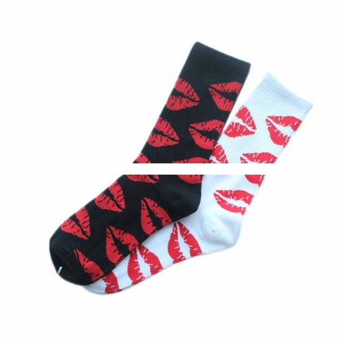 Fashion Cute Long Crew Sock Of Red Lip Kiss Pattern For Men Women Skate Hiphop Fixed Black And sox