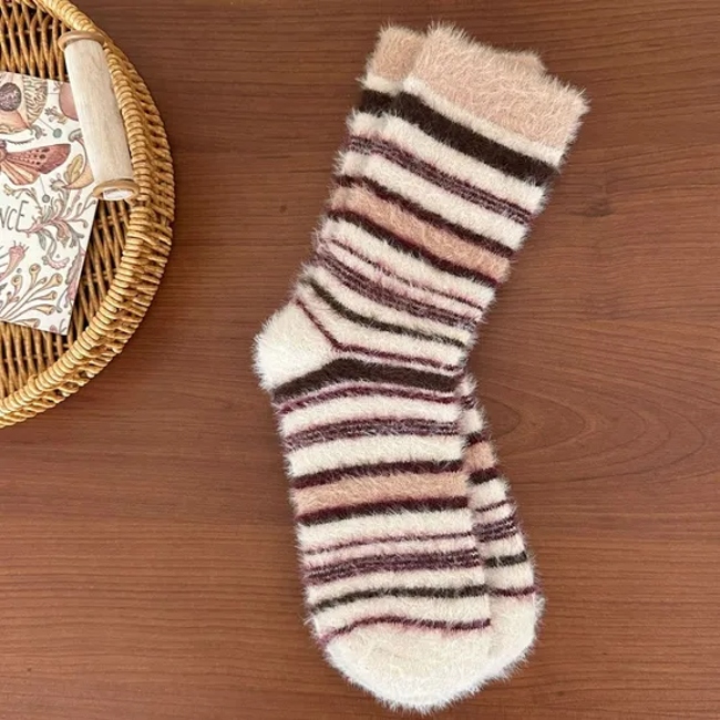 Autumn and Winter Soft Plush Socks Mink Vintage Color Blocking Stripe Couple MID-Calf Socks Thickened Niche Padded Socks