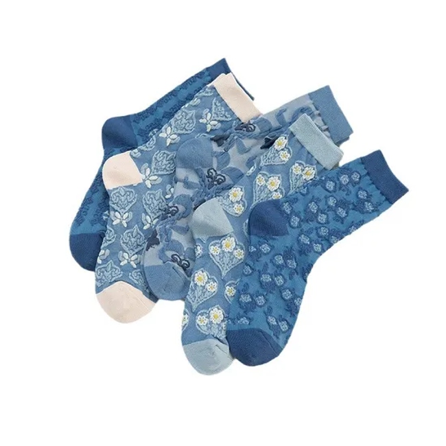 Breathable Anti-Oduor Vintage Blue Three-Dimensional Embossed Small Flower Elegant Fashion Literature Leisure Medium Long Socks