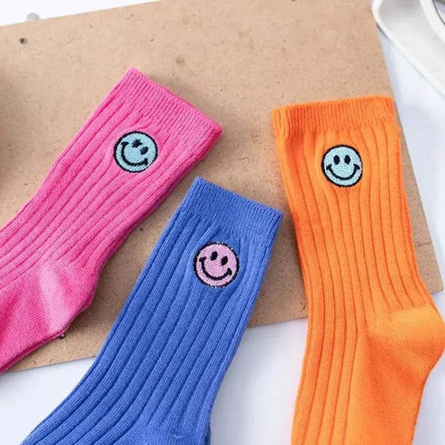 Custom Embroidered Smile Face Baby Crew Socks Premium Cotton Toddler Kids Slouch Socks