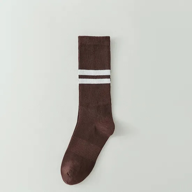 Socks Women′s Autumn and Winter College Style Solid Color Black and White Two Bar Simple Stripe Sports Outer Wear Hundred Long Socks