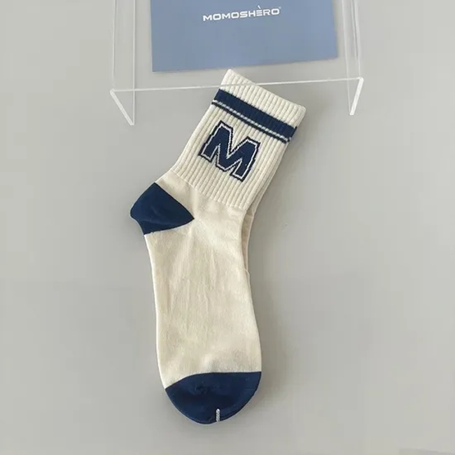 Spring and Summer New Blue Combed Cotton MID-Calf Socks Women M Letter Stripe Couple Socks
