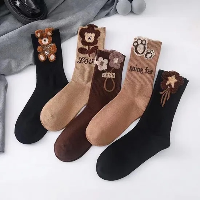 Fall and Winter Feather Yarn Cartoon Three-Dimensional Cotton MID-Tube Women′s Socks
