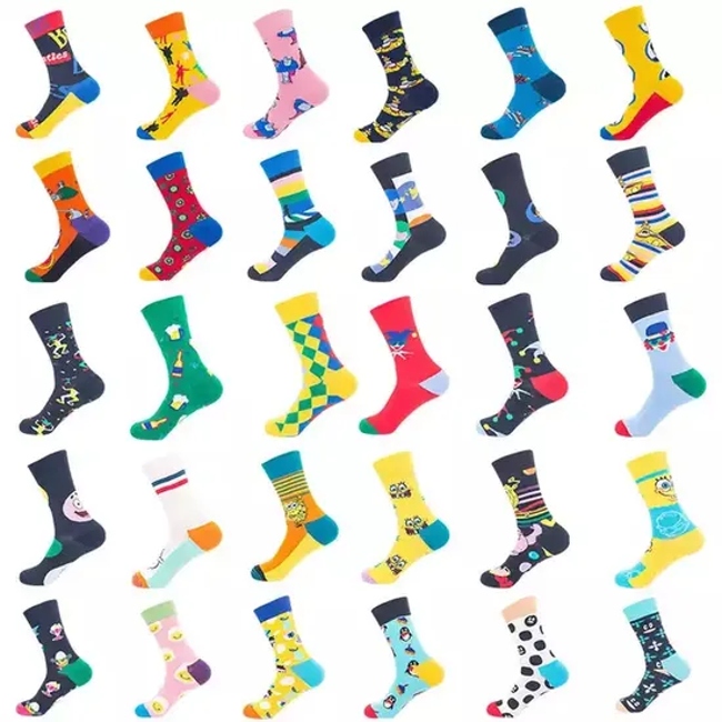 Custom Wholesale Fashion Colorful Patterns Animals Fruit Plant Cute Cool Crew Men Women Happy Socks Unisex Organic Cotton Funny Socks