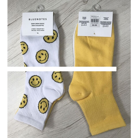 Durable Ladies cotton polyester spandex knitted PK demi crew socks, g pair, GG, YELLOW SMILEY PACK