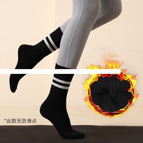 Factory Winter Thicker Terry Cotton Anti Slip Sustainable Two Strips Middle Tube Black Athletic Sports Socks