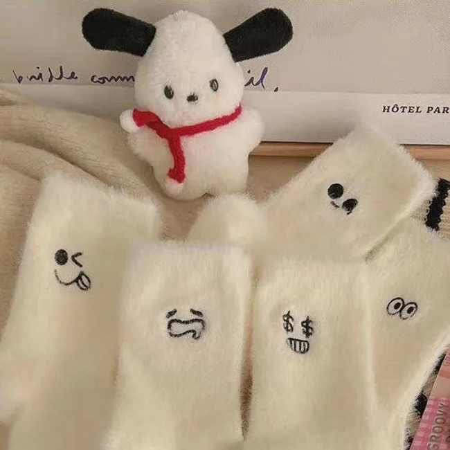 White Embroidered Socks Mink MID-Calf Winter Thickened Warm Student Stockings