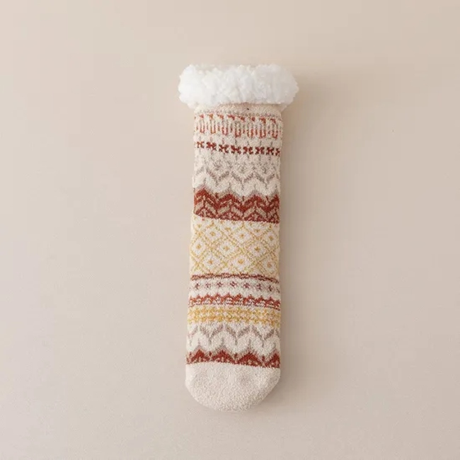 Lamb′s Wool Floor Socks Women′s Autumn and Winter Padded Thickened Warm Non-Slip Silicone Home Socks Ethnic Style MID-Calf Socks