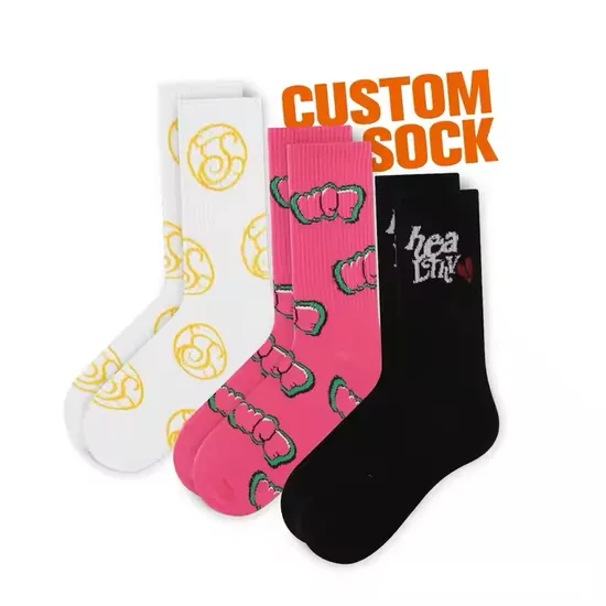 Free Design High Quality Colorful Cartoon Letter Casual Sock Unisex Custom Sports Sock 100% Cotton Crew Socks