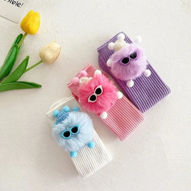 Doll Ins Hipster Baby Children′s MID Tube Socks Cute Hairball Doll Purple BV Green Cotton Runway Calf Socks