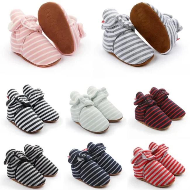Newborn Whole Cotton Fabric Striped Print Infant Indoor Boy Girl Shoes Booties Crib Floor Baby Socks