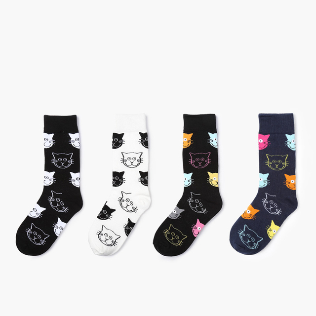 wholesale custom Bonypony Funky Cartoon Cat & Dog patterned Socks Combed Cotton Colorful Novelty Crew Dress Socks