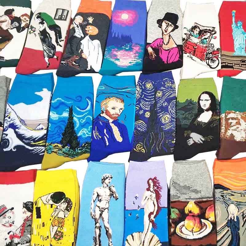unique designs starry starry night Cotton Funny painting Socks women Western Mona Lisa Kiss Oil Painting Retro classical Series 